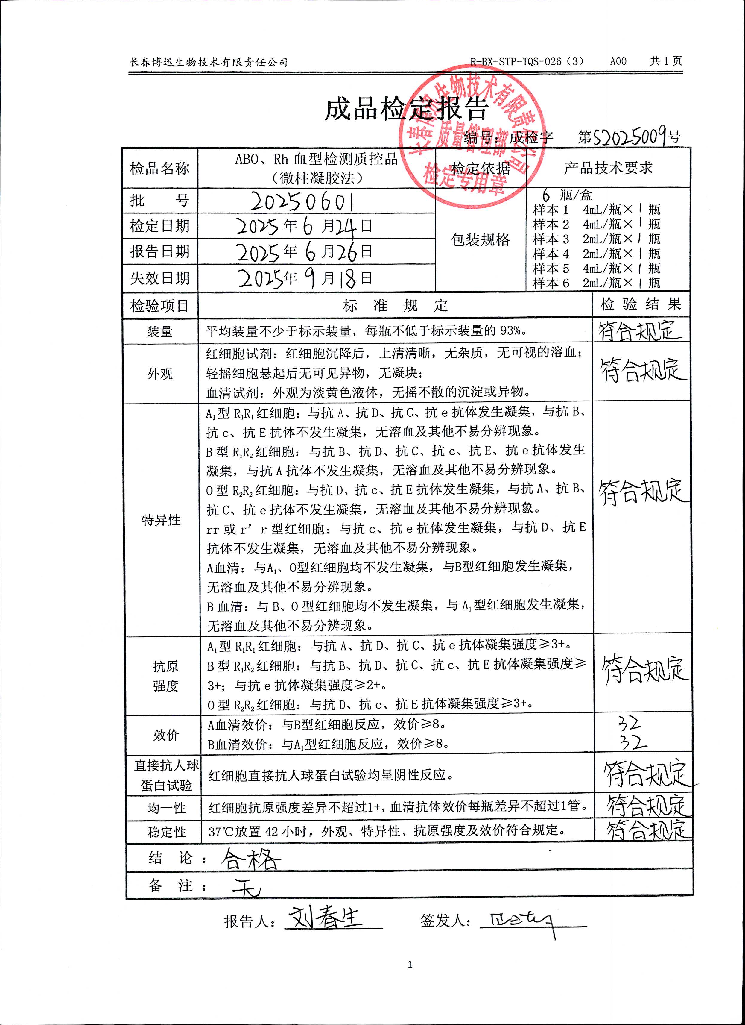 ABO、Rh血型检测质控品（微柱凝胶法）20250601