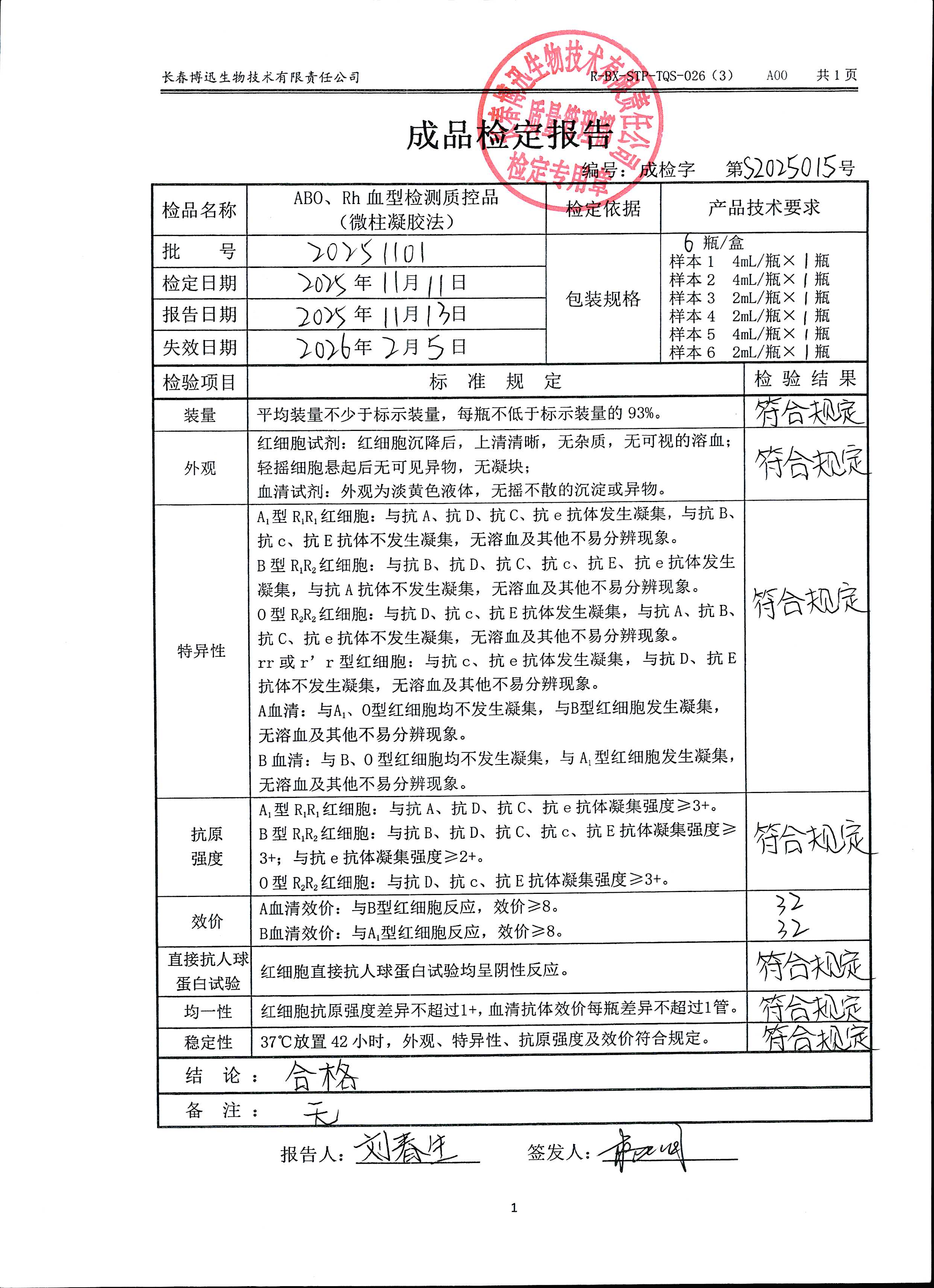 ABO、Rh血型检测质控品（微柱凝胶法）20251101